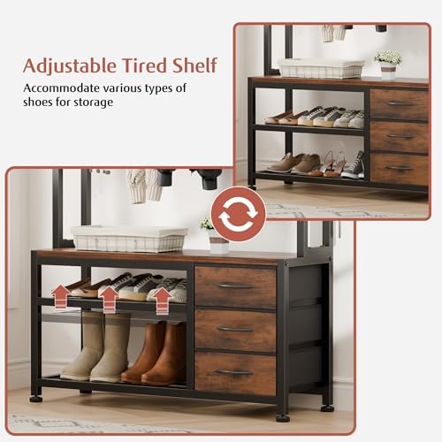 Hall Tree with Bench & 3 Drawers Storage 31.5" Coat Rack Entryway Organizer - Image 6