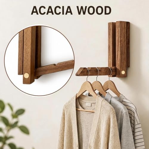 2 Pack Wall Mounted Drying Rack, Laundry Drying Rack, Foldable Wooden Wall - Image 3