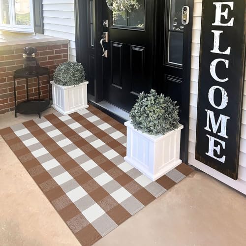 KILOCOCO Buffalo Plaid Checkered Rug 3x5 ft Brown and White Front Door Rug by Kilococo