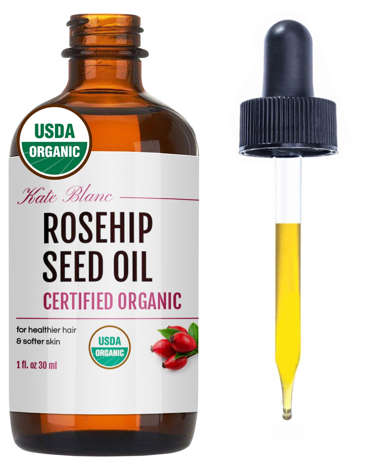 Kate Blanc Cosmetics Rosehip Oil for Face & Softer Glowing Skin (1oz, Organic, Pure, Cold Pressed) Rosehip Seed Face Oil for Facial & Gua Sha Massage
