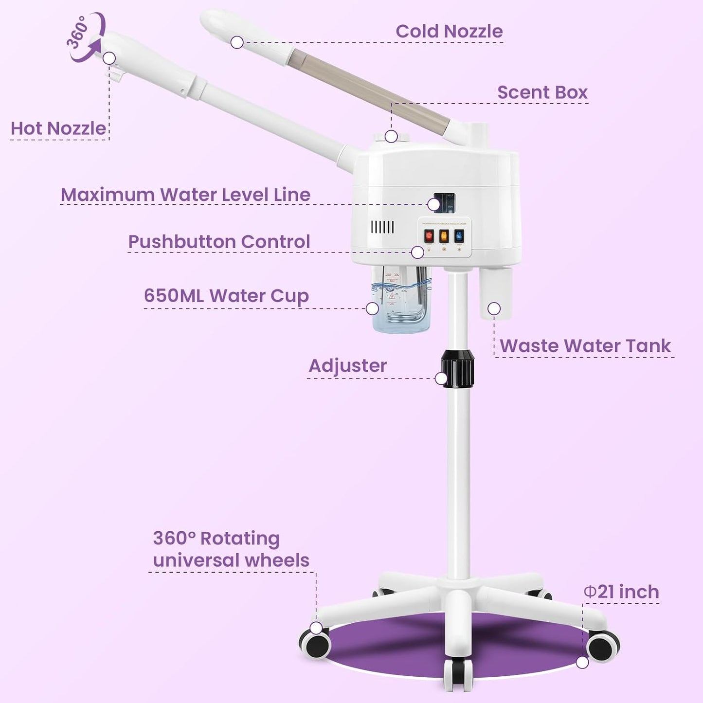 Professional Facial Steamer, 2 in 1 Facial Steamer for Cold Mist & Hot Mist & Timer Function, Stand Face Steamer Adjustable Height for Spa, Salon and at Home use