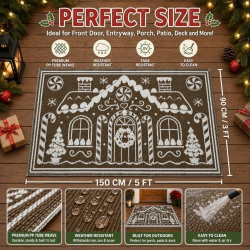 3x5 Ft Gingerbread House Christmas Reversible Plastic Straw Outdoor Rug - Image 2