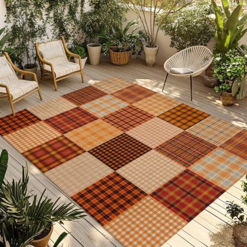 Outdoor Rug, Fall Orange Plaid Gingham Check Indoor Area Rug Outdoor Carpet RV - Image 2