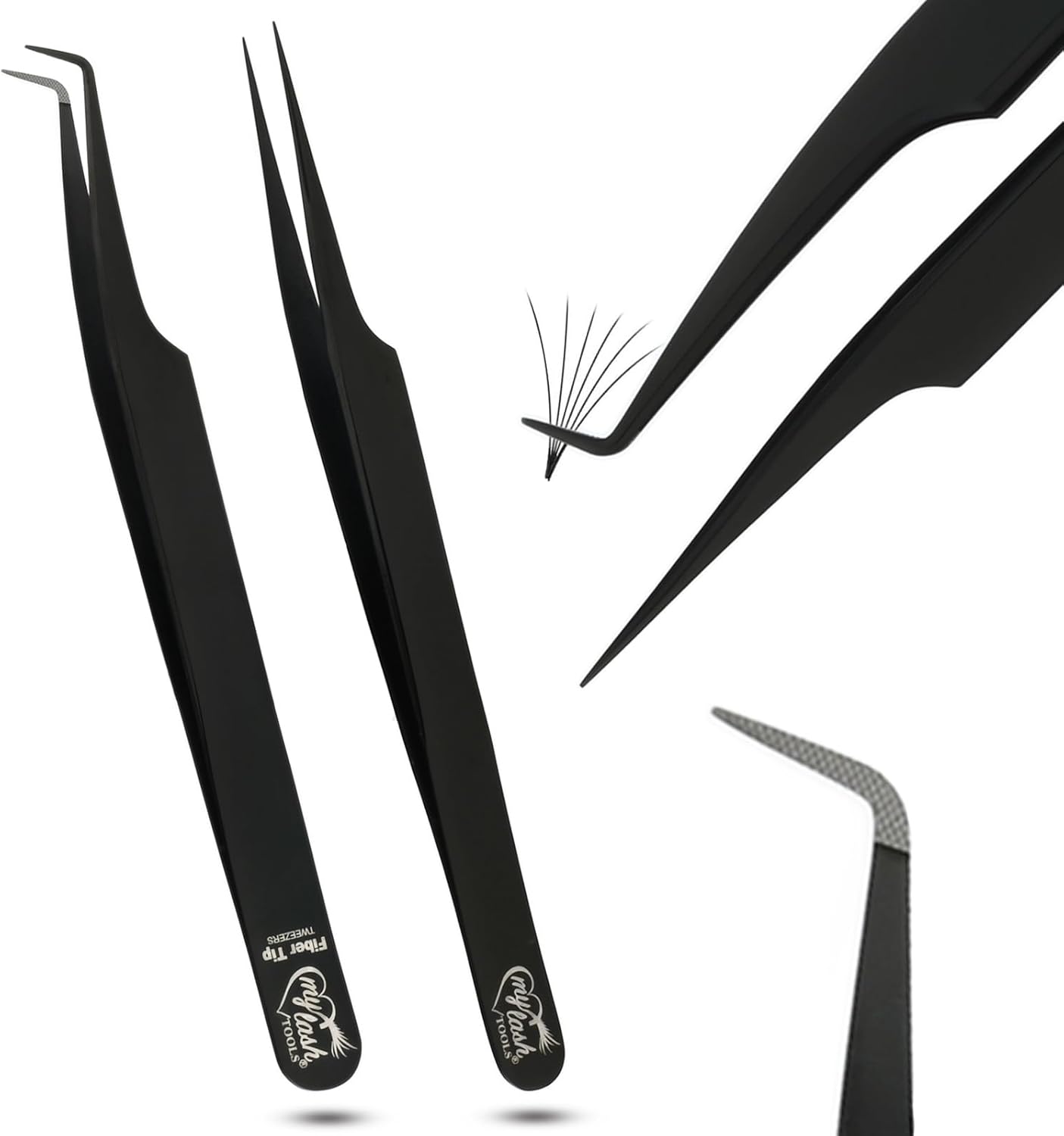 2Pcs Fiber Tip Lash Tweezers for Eyelash Extensions and Straight Isolation Tweezer Set – Professional Precision Fan Making, Mega Volume Boot Lashing, Classic & Mink Eyelashes, Black