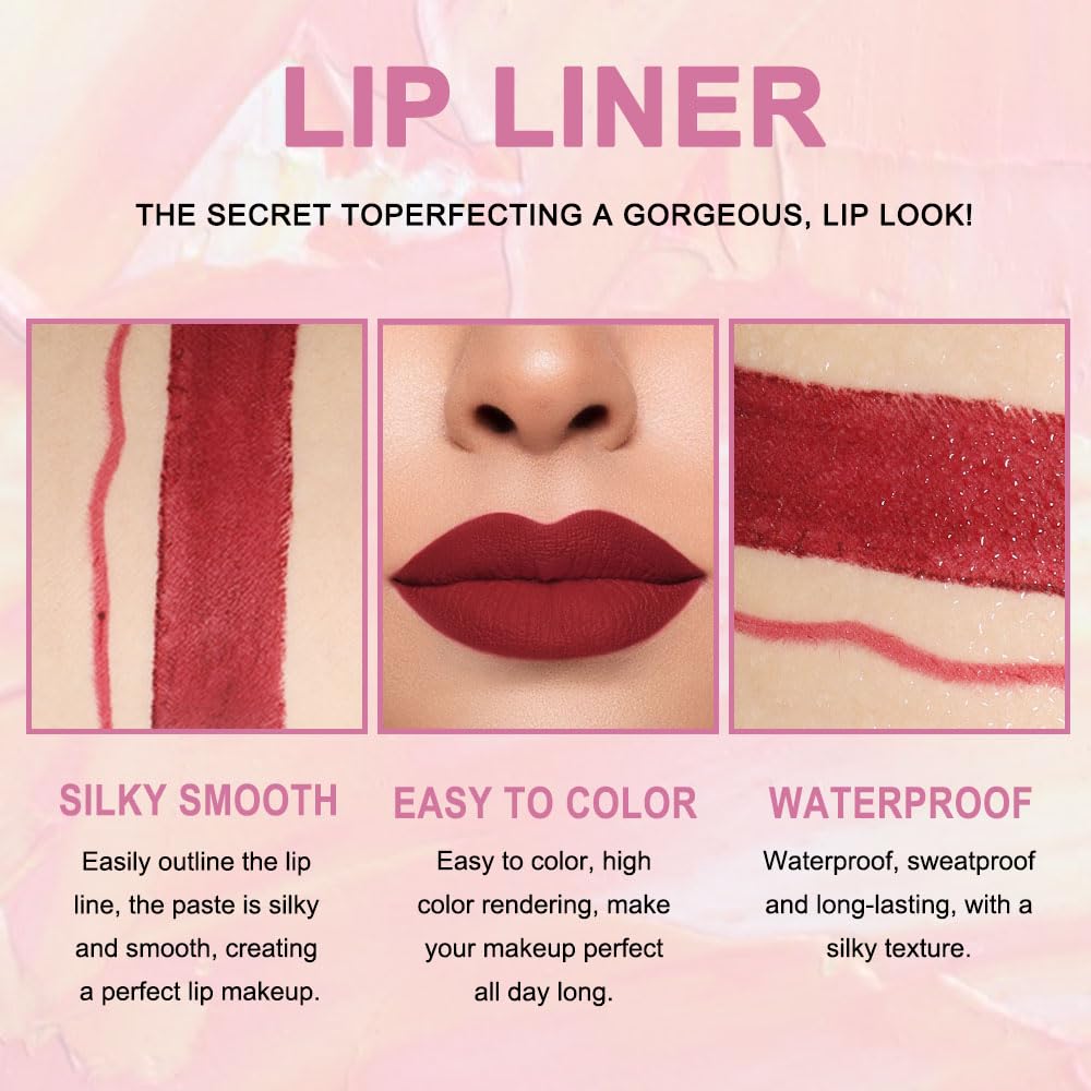 Kaely 2-in-1 Dark Wine Red Lip Liner & Lipstick Set Kit for Women, Matte Lips Kit with Lip Liner Lip Stains Long Lasting Waterproof 24 Hour Lipstick and Lip Liners Combo Lipliners Pencil Set 09