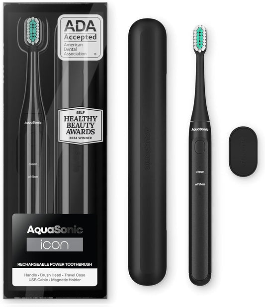 Aquasonic Icon ADA-Accepted Rechargeable Toothbrush | Magnetic Holder & Slim Travel Case | 2 Brushing Modes & Smart Timers | Gentle Micro-Vibrations(Onyx)