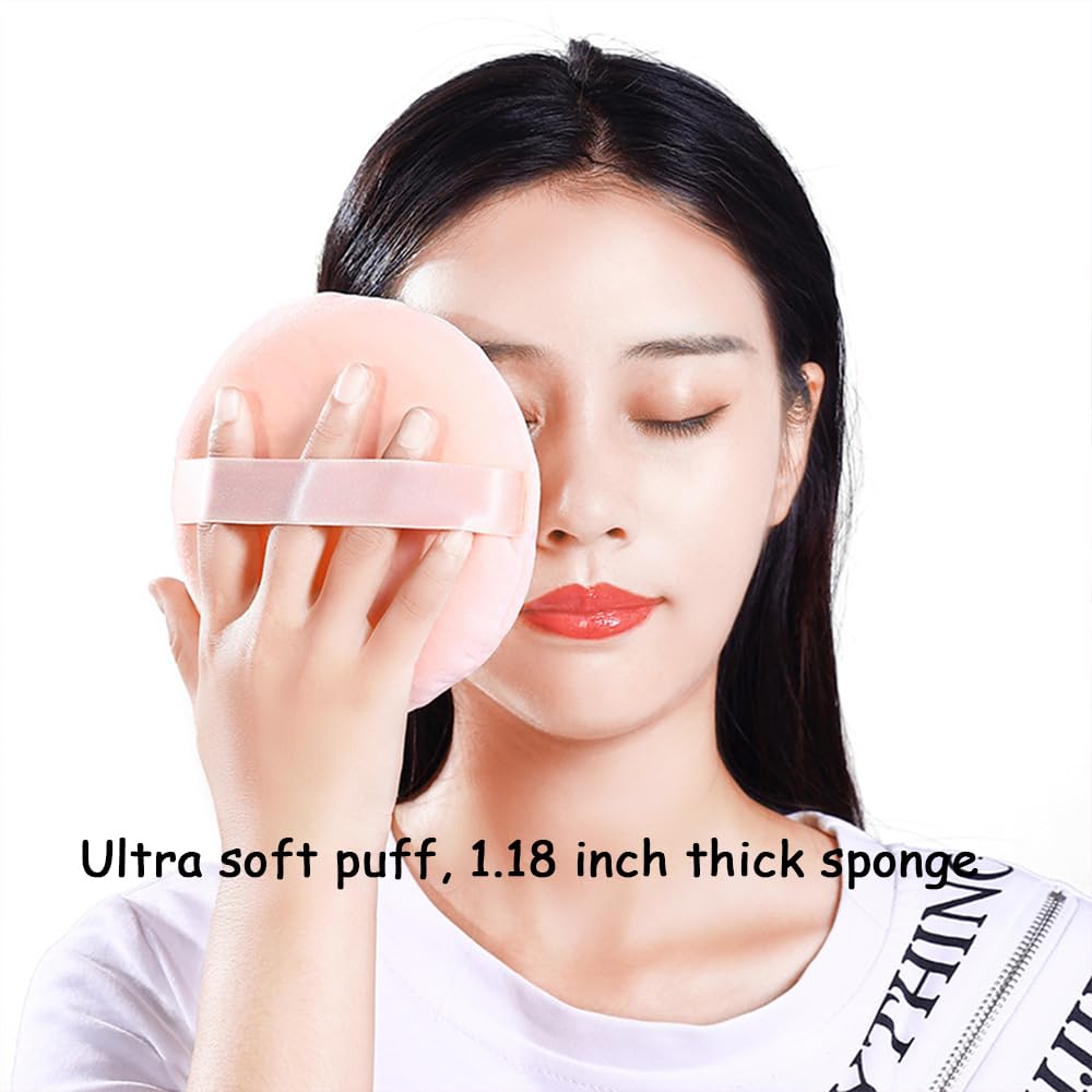 2 Pack Extra Large 5.2" Beige & Purple Powder Puffs and 5.3" Glass Container – Oversized Soft Body & Face Large Powder Puff Dusting Powder Jar Holder Case(Dazzling colors Glass)