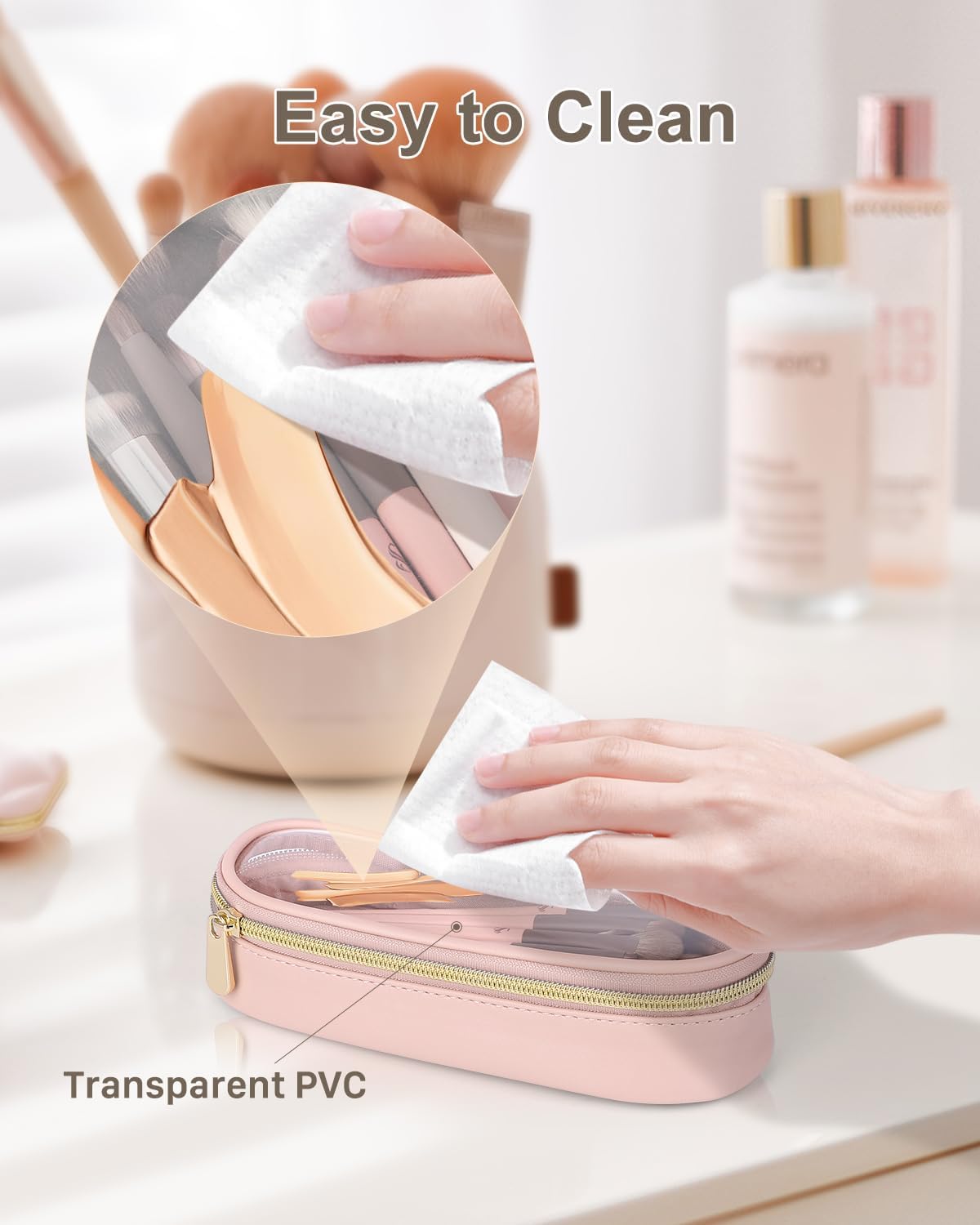 Clear Travel Makeup Brush Holder, Leather Makeup Brush Toiletry Bag, Portable Cosmetic Brush Case, Transparent Waterproof Makeup Brush Storage Bag, Pink