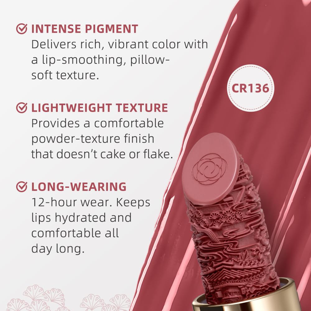 Catkin Moist Lipstick Hydrating High Impact Color Infused with Vitamin E and Avocado Oil Smooth Soft Texture Long Lasting Rose Glow Finish 136