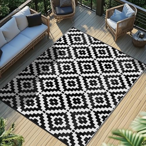 Favoyard Outdoor Rug Black & White 6x9 ft Waterproof Reversible Carpet Mat by OutdoorFurnitureAccessories
