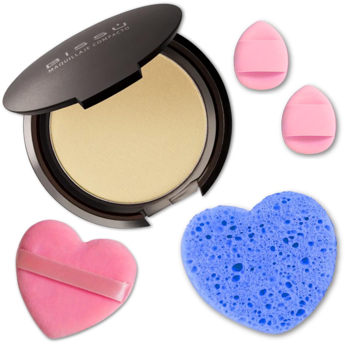 Beetbul Makeup & Exfoliation Kit - Bissú Compact Powder + 1 Medium Velvet Puff + 2 Finger Puffs + 1 Facial Exfoliating Sponge (03 Nude, One Size)