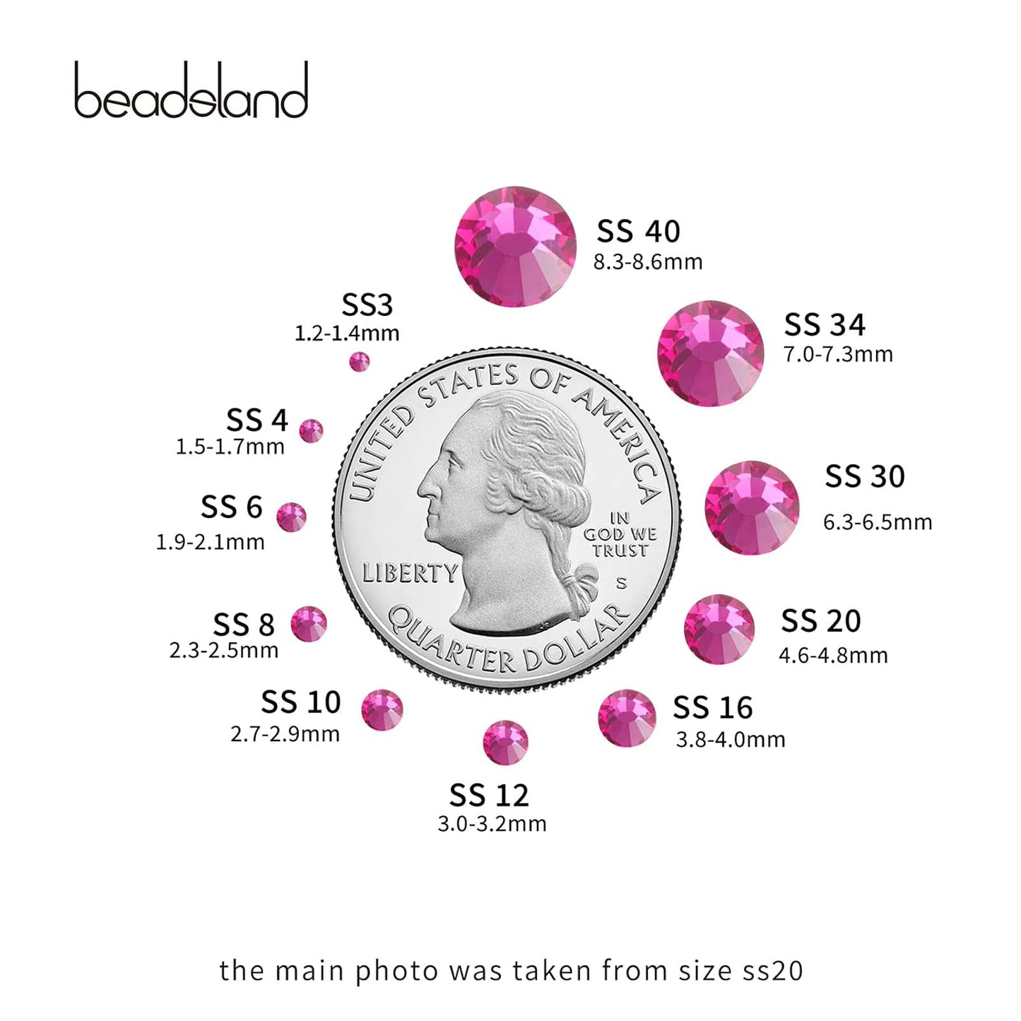 Beadsland 1440pcs Flat Back Crystal Rhinestones Round Gems for Nail Art and Craft Glue Fix, Fuchsia,SS20,4.6-4.8mm