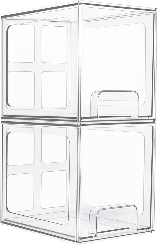 Vtopmart 2 Pack Stackable Storage Drawers, 6.6''Tall Acrylic Bathroom Makeup Organizers,Clear Plastic Storage Bins For Vanity, Undersink, Kitchen Cabinet,Pantry Organization and Storage