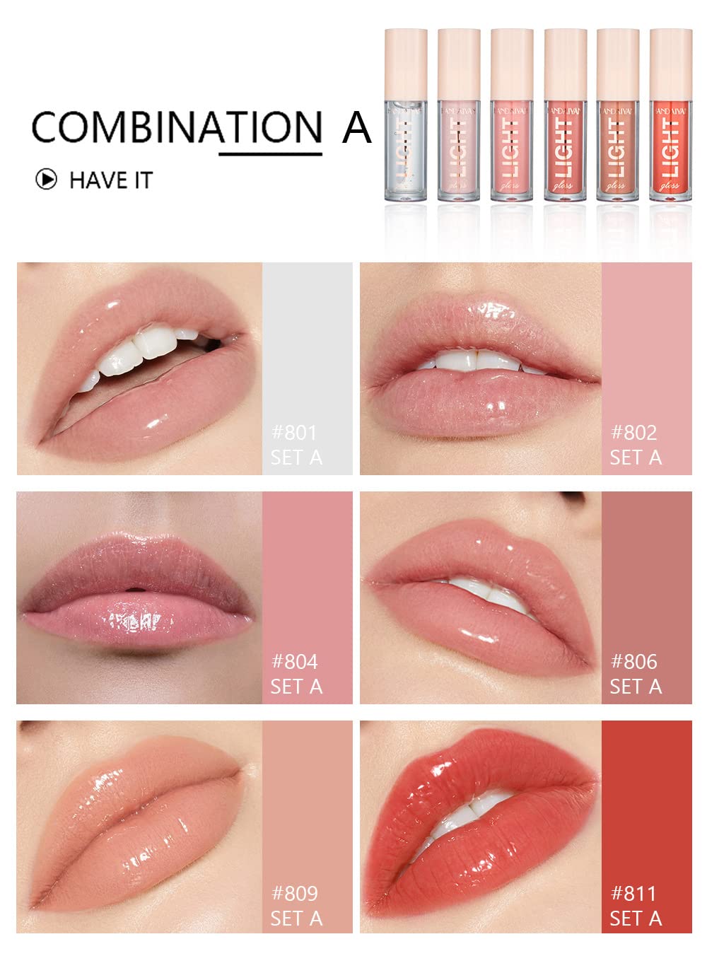 6PCS Lip Oil Light Lipgloss Set, Moisturizing Hydrating Lip Glow Oil Lip Gloss Kit High Shine Lip Plumping Glass Finish Liquid Lipstick for Women (Set A)