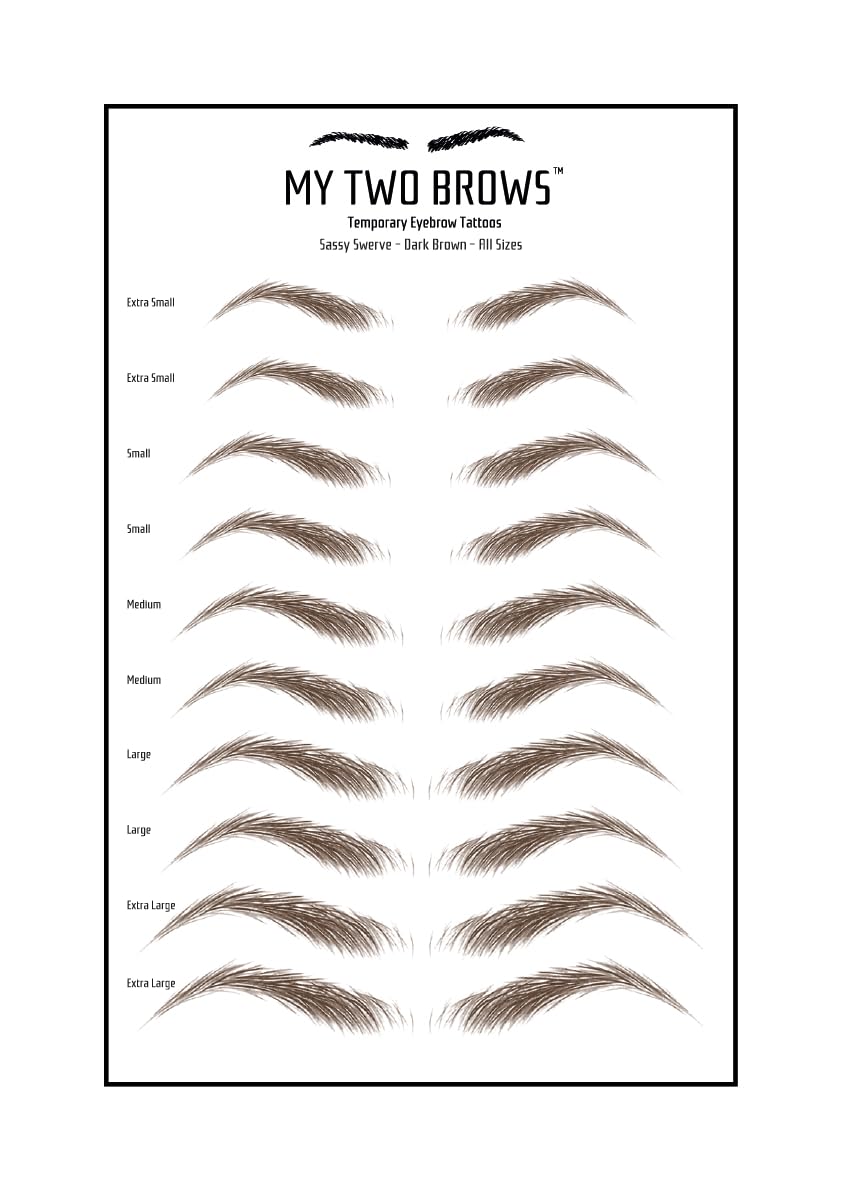 (10 pairs) Dark Brown Temporary Eyebrow Tattoo - Extra Small Size - Waterproof & Smudgeproof - Sassy Swerve Style Eyebrow Stickers - Sheet Lasts up to 30 Days - Won't Work on Existing Brows