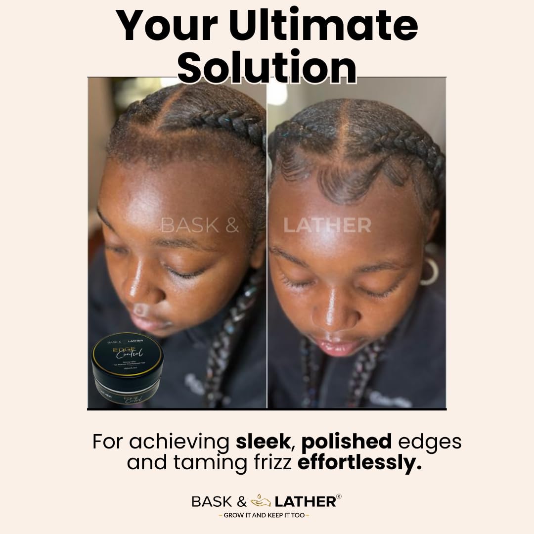 BASK & LATHER Strong Hold Edge Control Gel with Castor Oil, Non-Greasy, Non-Flaking, No White Cast, Long Lasting, Supports Hair Growth, Natural Formula, For All Hair Types, 5.3 Fl Oz