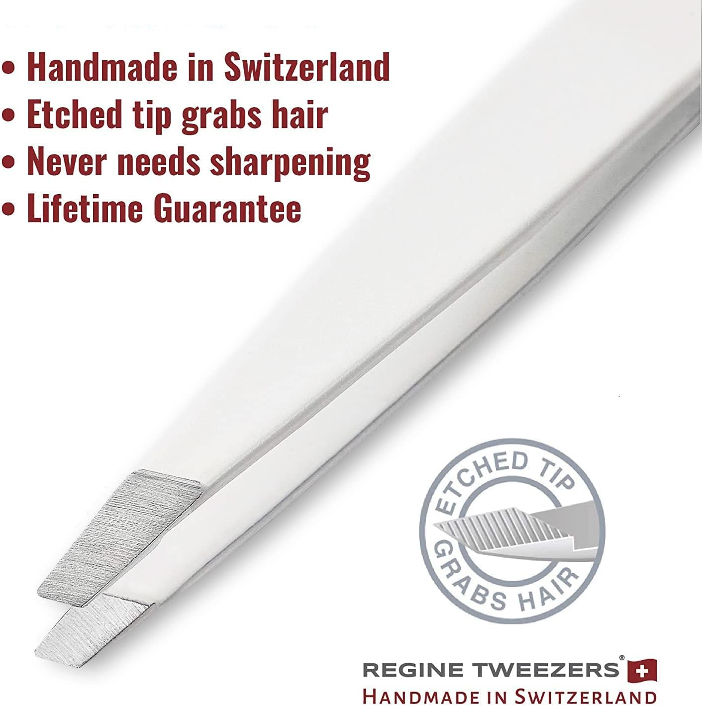 Slant Tweezer - Handmade in Switzerland - Professional Eyebrow & Facial Hair Remover - Etched Interior Grabs Hair from The Root - Perfectly Aligned Tips - Stainless Steel, White