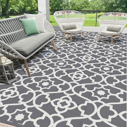 HEBE Waterproof Outdoor Rug 9'x12', Geometric Reversible Plastic Patio Rug by HEBE