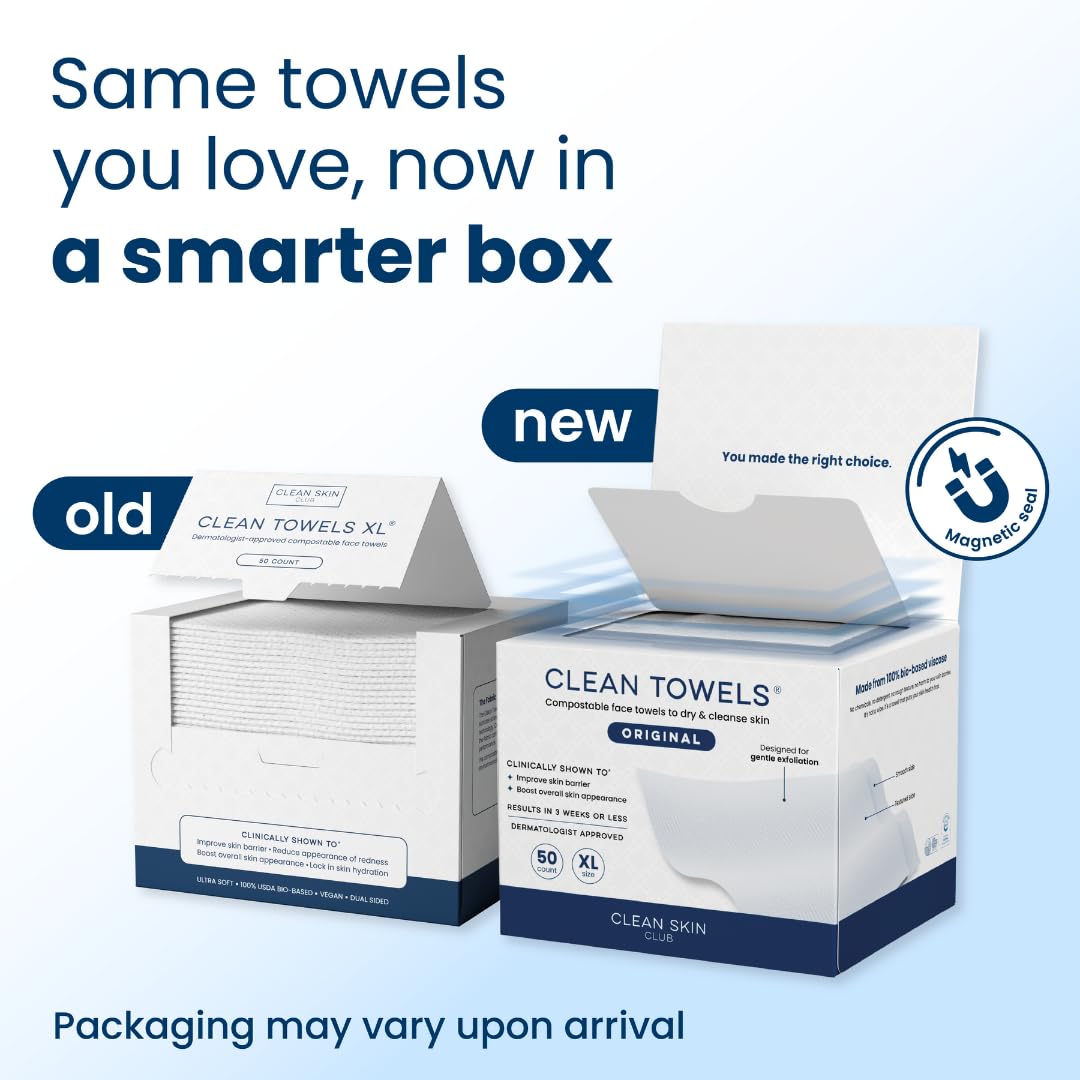 Clean Skin Club Clean Towels XL®, 100% USDA Biobased Face Towel, Disposable Face Towelette, Eczema Association Accepted, Makeup Remover Dry Wipes, Ultra Soft, 50 ct per pack, 2 Packs, 100 Ct Total