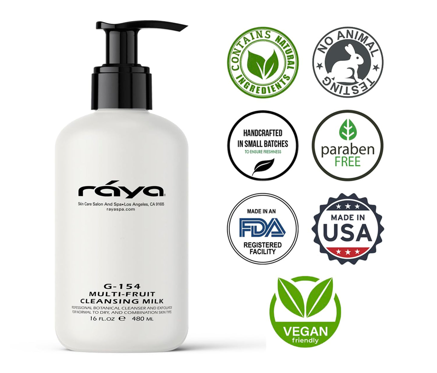 Raya Multi-Fruit Facial Cleansing Milk with AHA and BHA 16 oz (G-154) | Exfoliating Soap-Free Cleanser and Make-Up Remover for Dry and Combo Skin | Made with Multi-Fruit Alpha and Beta Hydroxy Acids