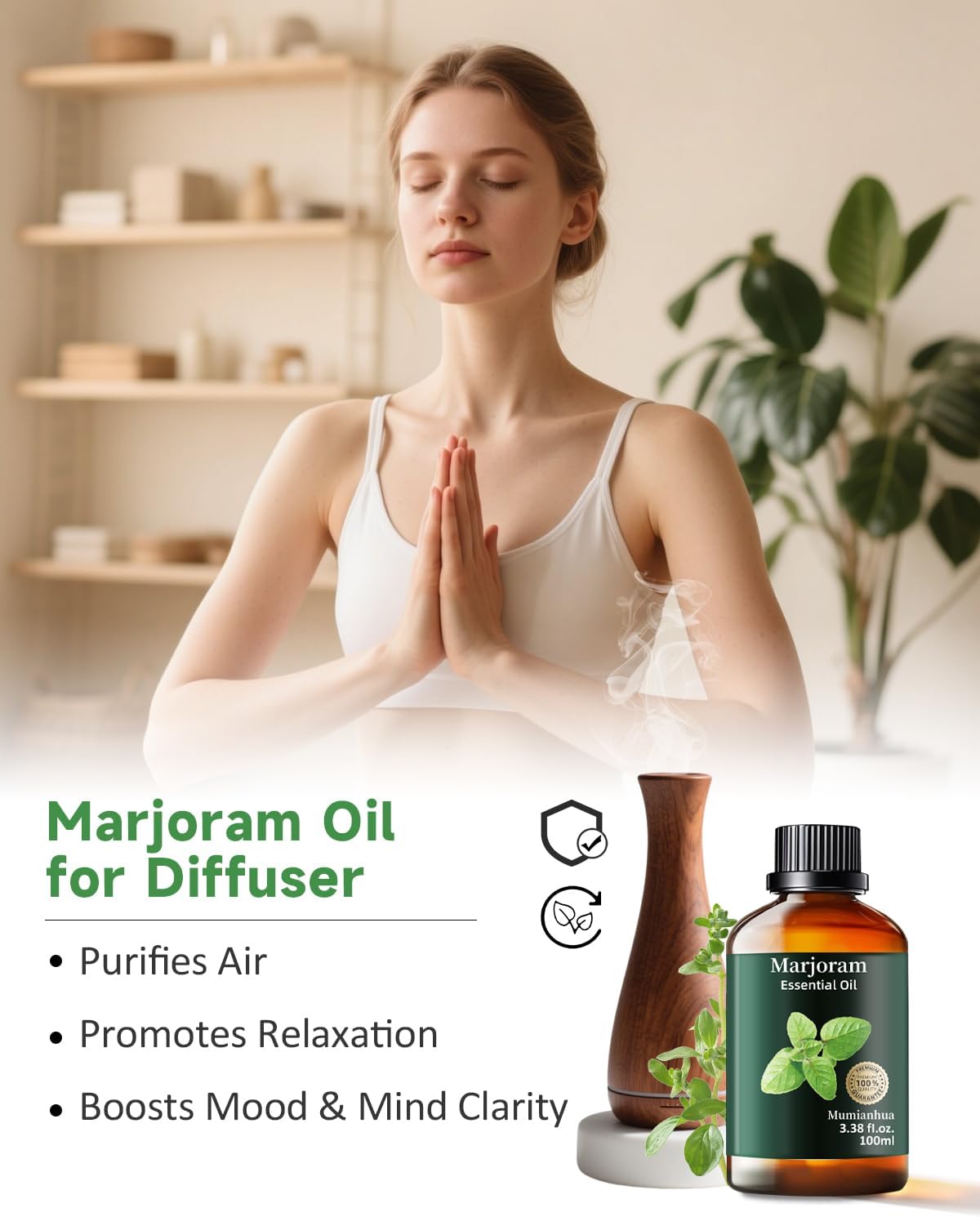 Mumianhua Marjoram Essential Oil 100% Pure Therapeutic Grade Natural Marjoram Oil for Diffuser, Post-Workout Massage Humidifier & Air Purifier | Herbal Essence for Skin Care, DIY Blends 3.38 Fl Oz