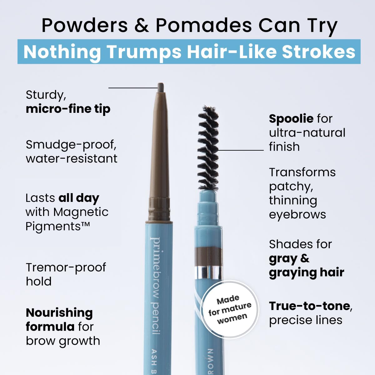 PrimeBrow Pencil for Mature Women – Ultra-Precise Tip for Natural, Hair-Like Strokes – Smudge-Proof & Long-Lasting Wear – Great for Thinning, Sparse, or Graying Brows (Silver Queen)