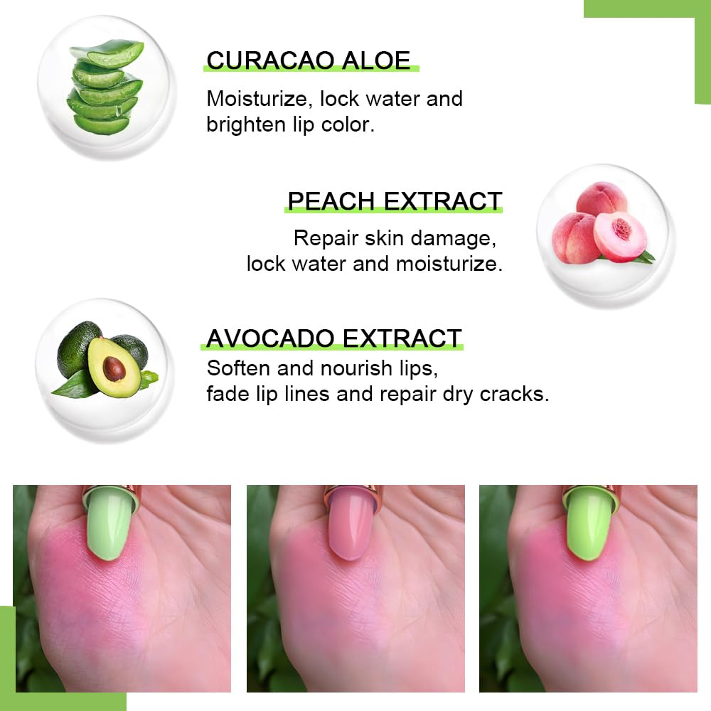 evpct 3Pcs Magic Color Changing Lipstick Long Lasting Waterproof 24 Hours Original for Women, Aloe Vera Peach Avocado Pink PH Mood Permanent Color Changing Lipstick Lip Balm Gloss, labial magico