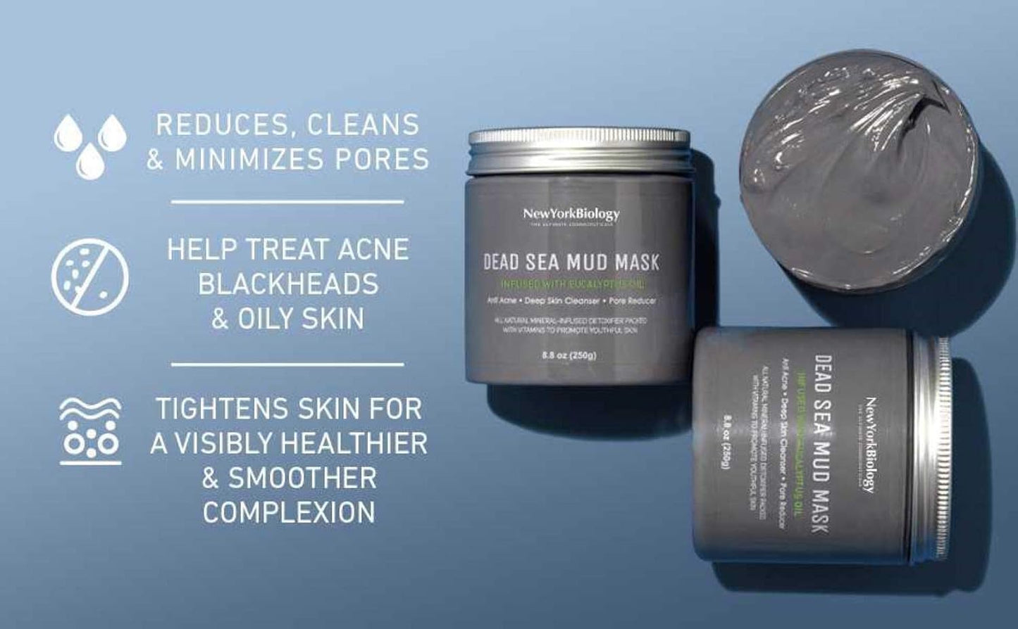 New York Biology Dead Sea Mud Mask for Face and Body | with Eucalyptus | Spa Quality Pore Refiner for Oily Skin | Natural Skincare for Women & Men | Tighten Skin for A Healthier Complexion | 8.8 oz