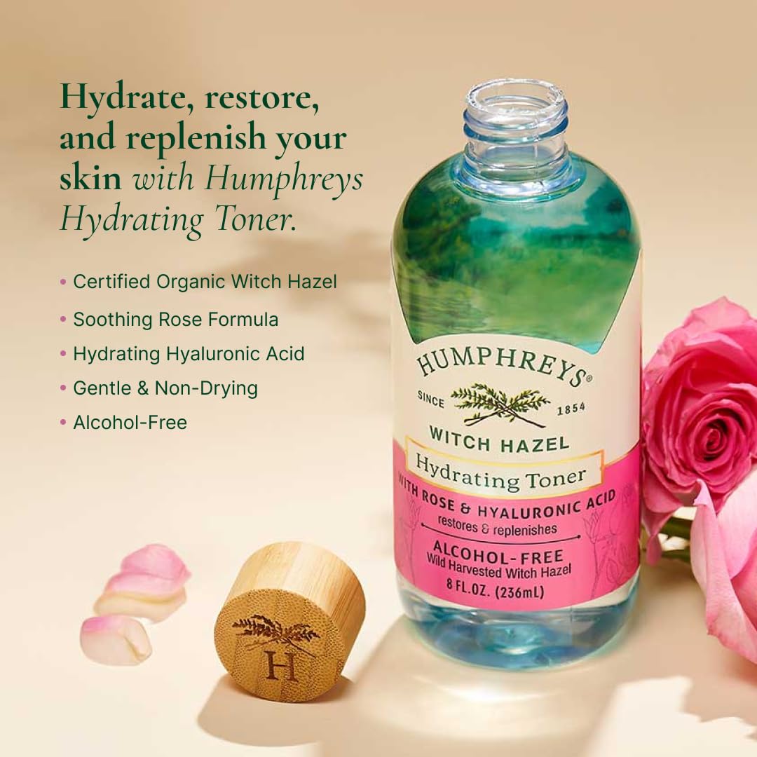 Humphreys Witch Hazel Hydrating Toner | Wild Harvested Witch Hazel & Rose | Natural, Alcohol-Free Formula | Balancing & Hydrating | Clears Pores | 8 Fl Oz