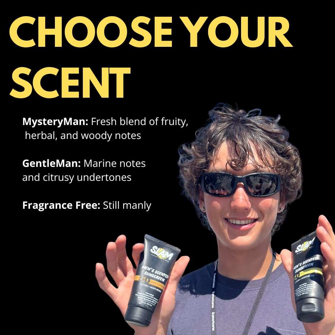 SLAM MysteryMan Men's Sunscreen Lotion SPF 50 & Moisturizer – Face & Body Sun block, Anti-Aging, Water-Resistant, Hawaii Act 104 Safe, Skincare for Men, Scented – 3 fl oz. Double pack.