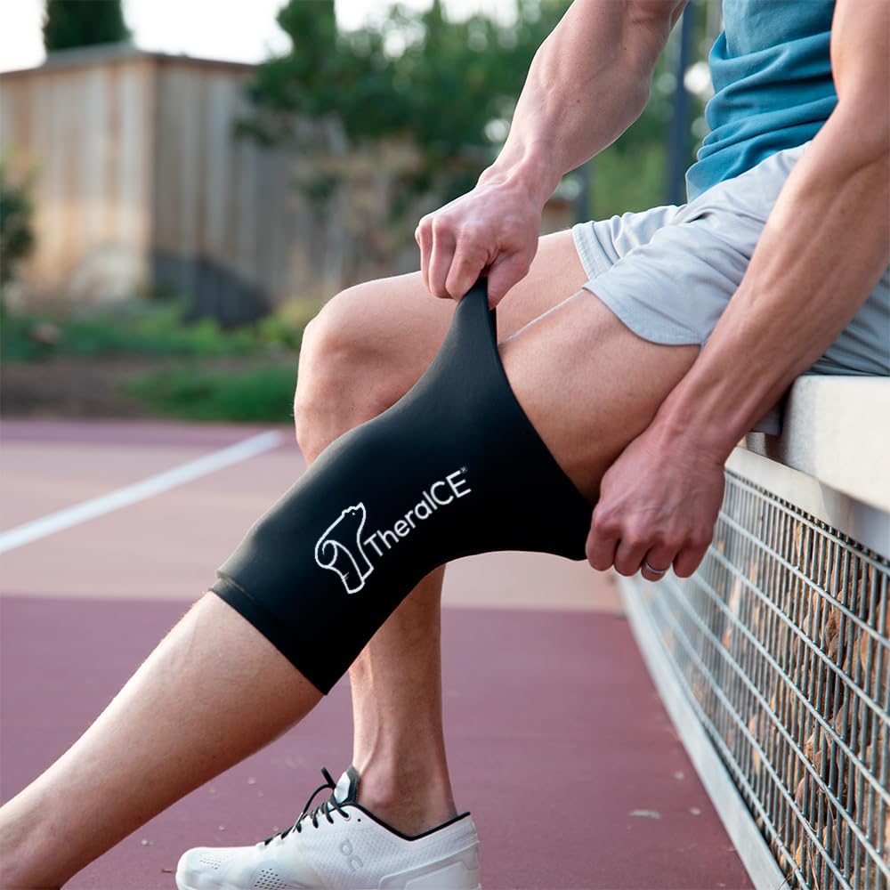 TheraICE Knee Ice Pack Wrap Compression Sleeve for Injuries, Reusable Gel Cold Packs Brace Also for Elbow, Ankle & Calf - Flexible Cold Wrap Recovery for Meniscus, ACL, MCL Pain Relief (XL)