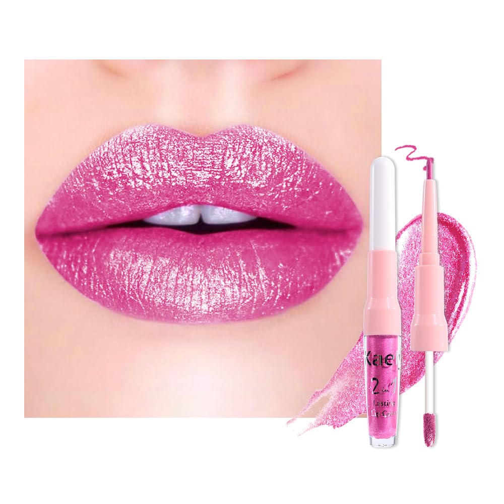 Kaely 2-in-1 Hot Pink Metallic Lipstick and Lip Liner, Shimmer Liquid Metallic Lipsticks for Women, Glitter Lip Gloss Stain Long Lasting Waterproof Smudge Proof 24 Hour, Vegan Makeup, 07