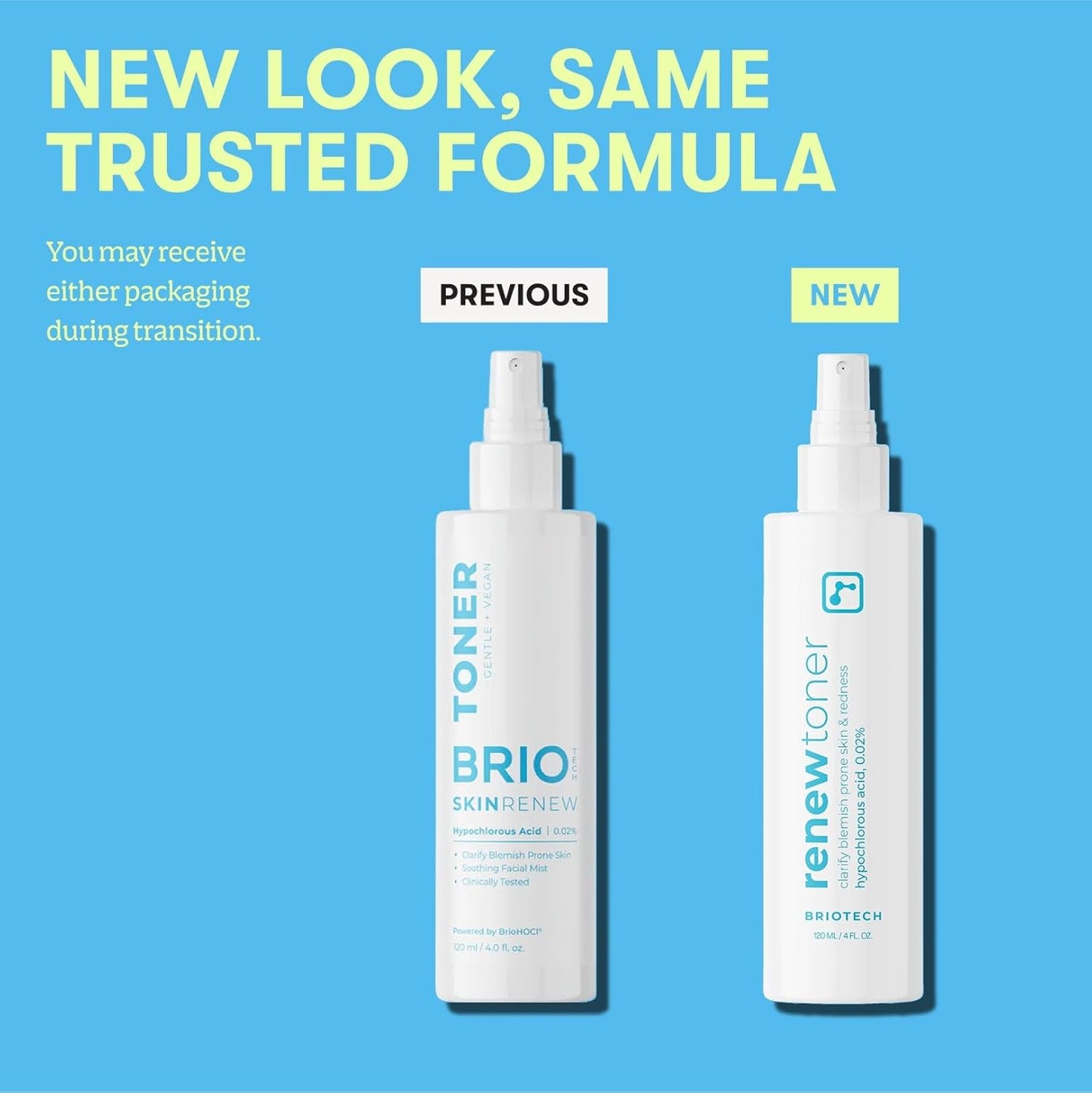 BRIOTECH Renew Toner, Hypochlorous Acid Spray, Minimize Appearance of Blemishes, Soothing Facial Mist for Sensitive Skin, Calm Redness & Bumps, Vegan, 2 fl oz Travel Size (2 Pack)