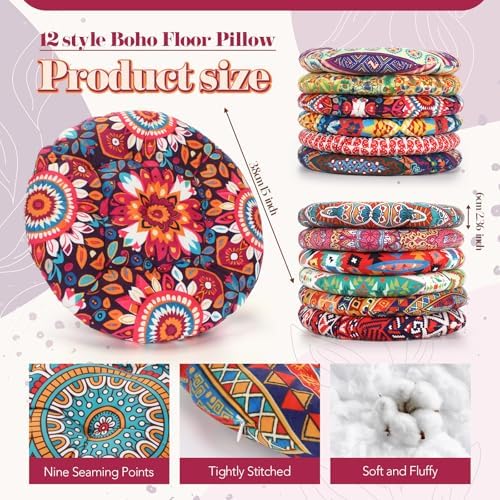 Nuogo 12 Pcs Bohemian Floor Cushions, 15 Inch Meditation Pillow - Image 2