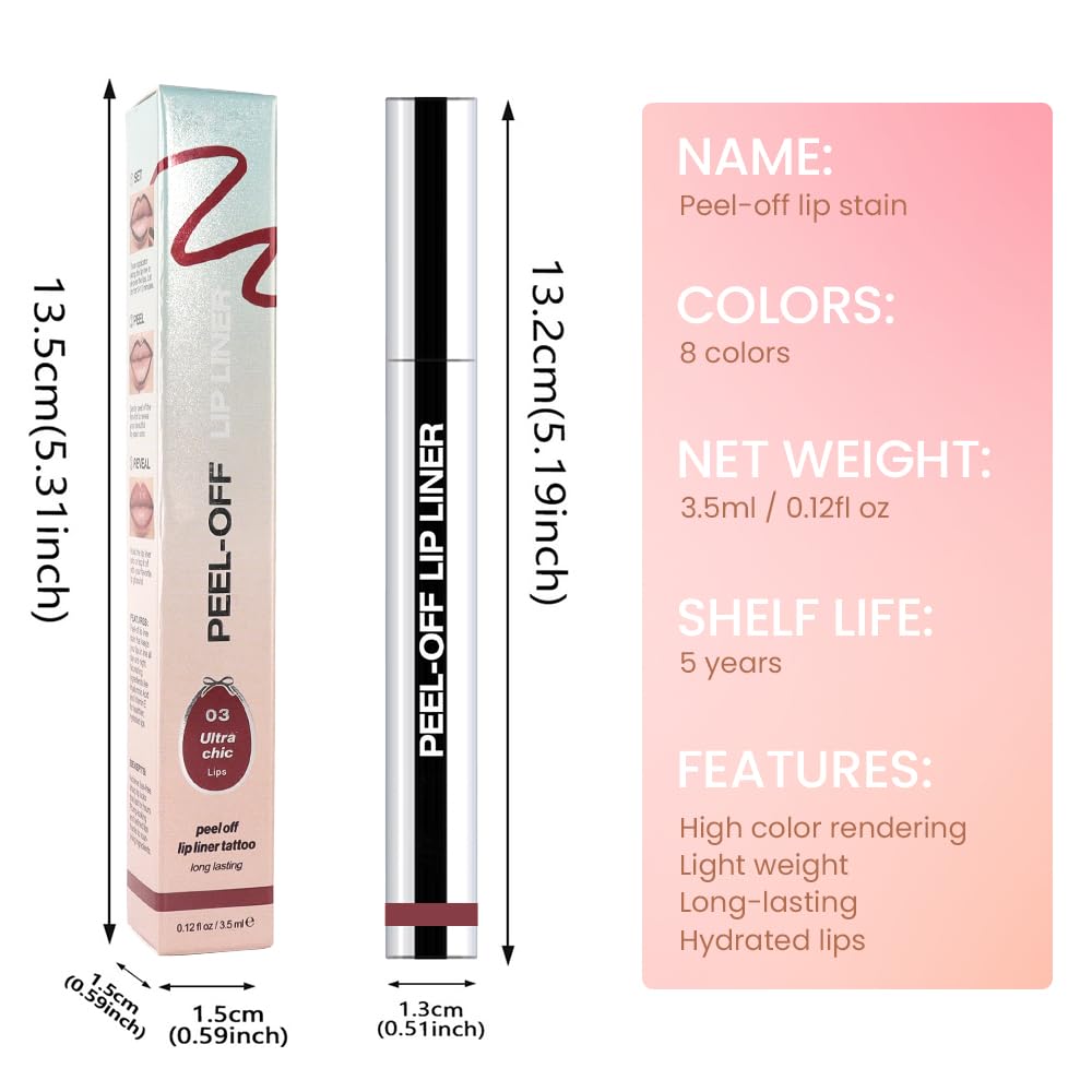 Matte Lip Gloss Stain-Peel Off Lip Liner Tattoo, Brownish Red Lip Tint，Long Lasting Peel Off Lip Stain, Waterproof Transfer-proof Lip Mask Lip Liner Peel Off Lip Gloss,Stayn Lip Makeup. #03