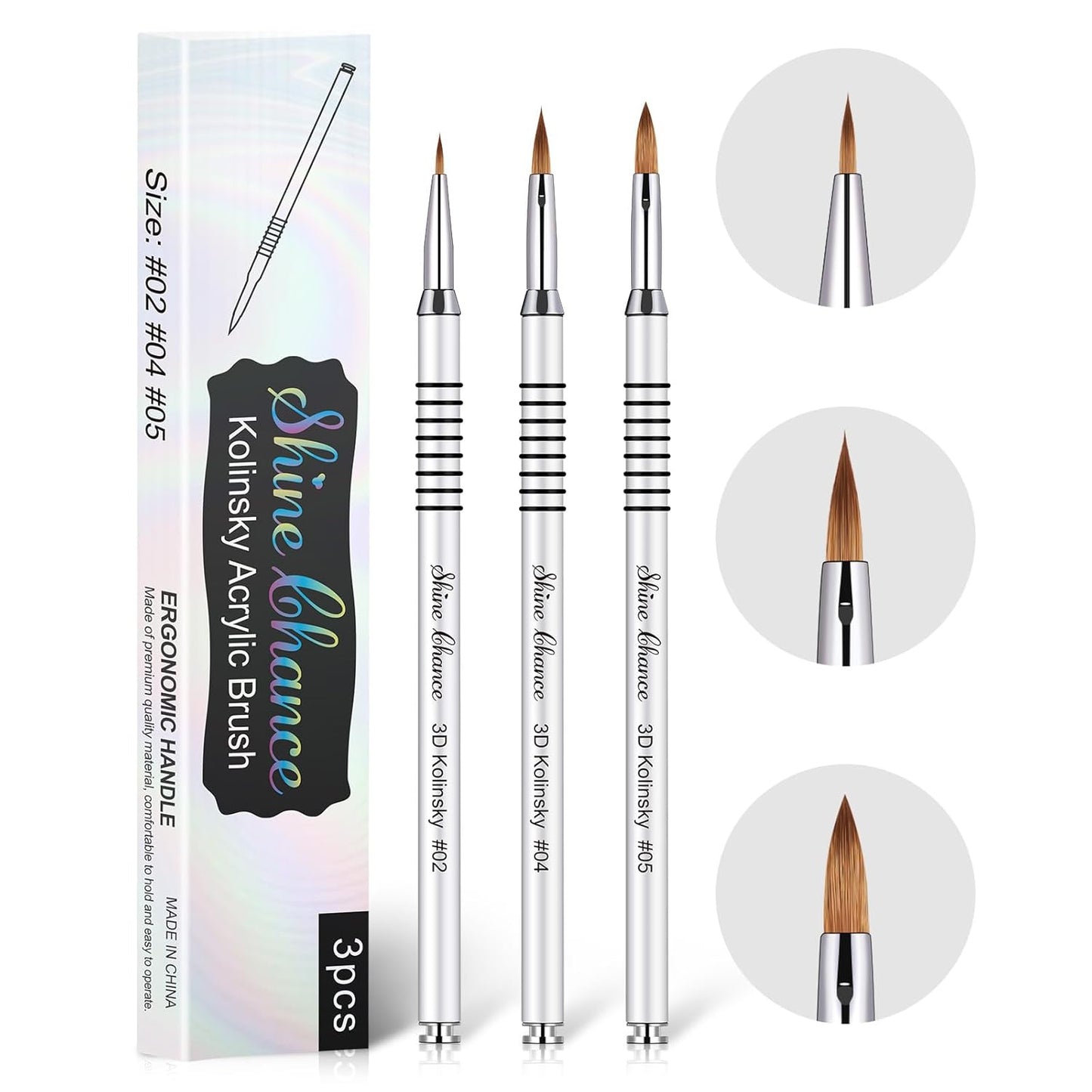 3Pcs 3D Nail Brushes Set Size 2 4 5, Kolinsky Hair Acrylic Flower Nail Art Brush, Art Design & Polish Mistake Cleaning Manicure Tools for Women Acrylic Application, Silver