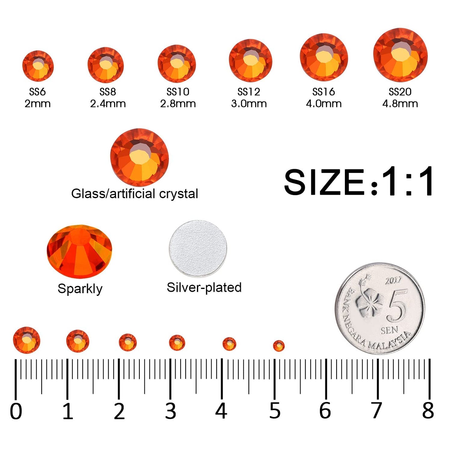 4240Pcs Orange Flatback Rhinestones 6 Sizes Crystal Diamonds for Nail Art Crafts Clothes Shoes with Tweezers and Picking Pen