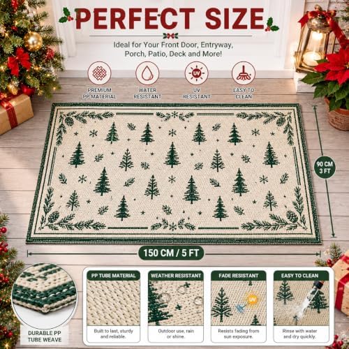 3x5 Ft Pine Tree Christmas Reversible Plastic Straw Outdoor Rug - Image 2