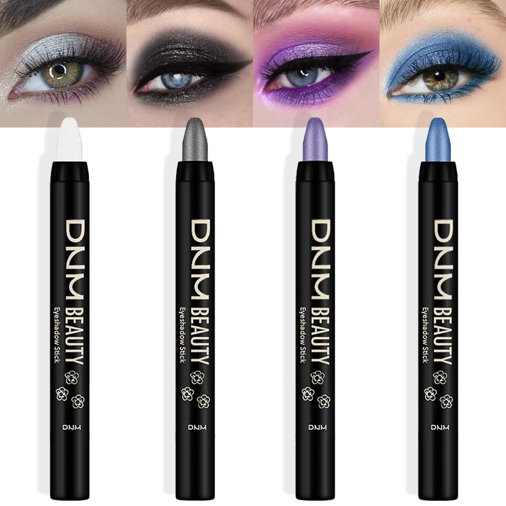 Kaely 4Pcs Metallic Shimmer Eye Shadow Sticks Set, Pearl White Pearl Black Vioiet Purple Royal Blue, Eyeliner Pencil Eyeshadow Palette Halloween Makeup, Eye Highlighter Brightener Stick for Women