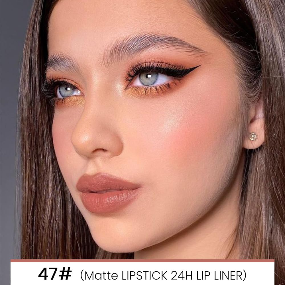evpct 1Pcs Fairest Nude Velvet Matte Lip Liner and Lipstick Combo Set Kit for Women, Magic 24 Hours Lipstick and Lip Liner Makeup Set Stain Long Lasting Waterproof labial, 47#