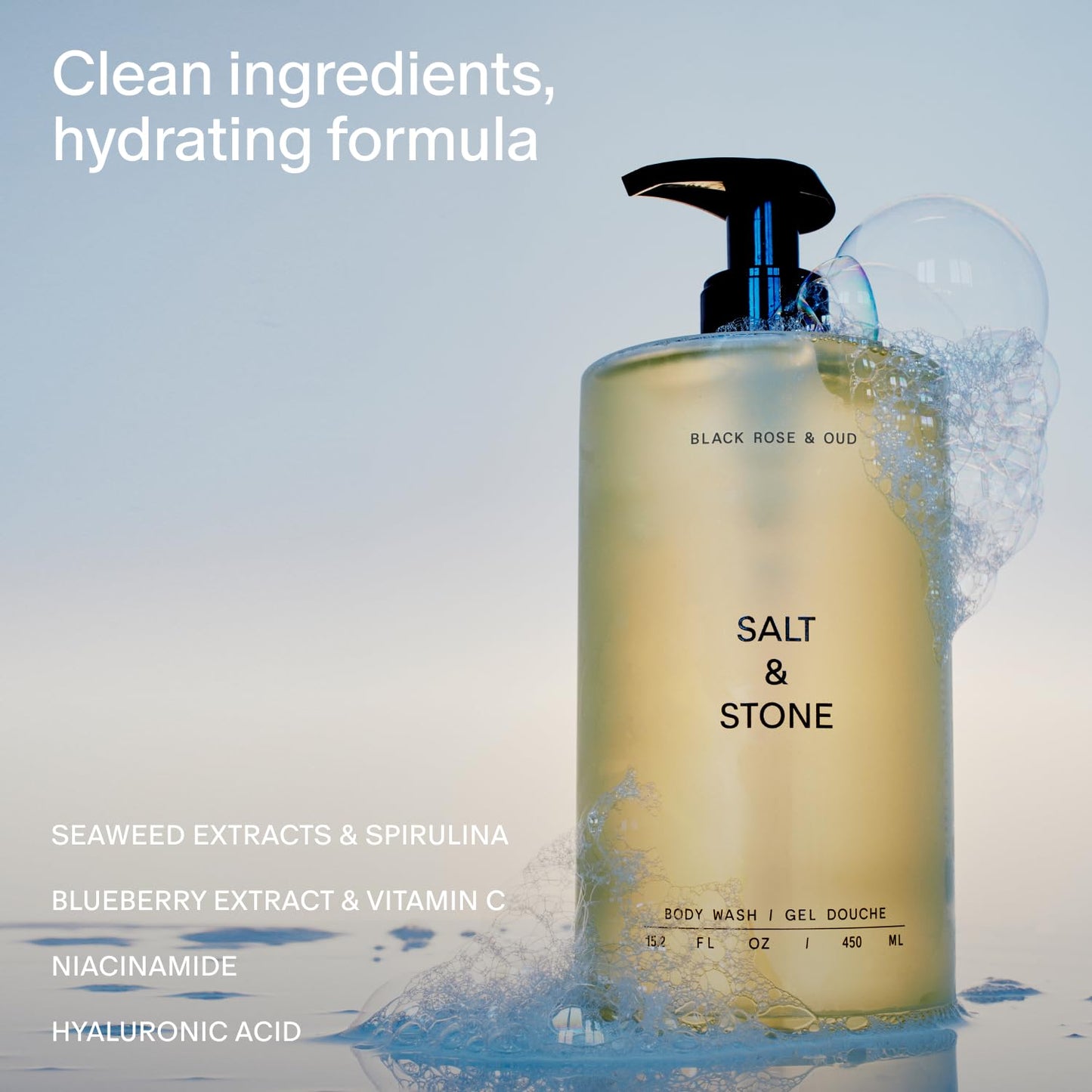 Salt & Stone Body Wash with Antioxidants for Deep Moisture | For Women & Men, Sulfate, Paraben, & Dye Free, Leaving Skin Soft and Hydrated | Black Rose & Oud 32 fl oz