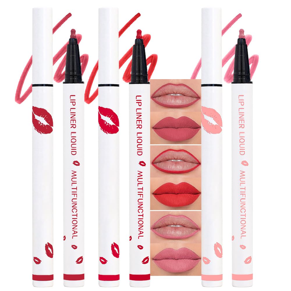 3Pcs Longwear Liquid Lip Liner Stain Pen Set Long Lasting Waterproof, Pink Ruby Red Warm Pink Matte Semi Permanent 24 Hour Lip Liner and Lipstick Combo, Color Stay Lipliner All Day Lip Stains peel off