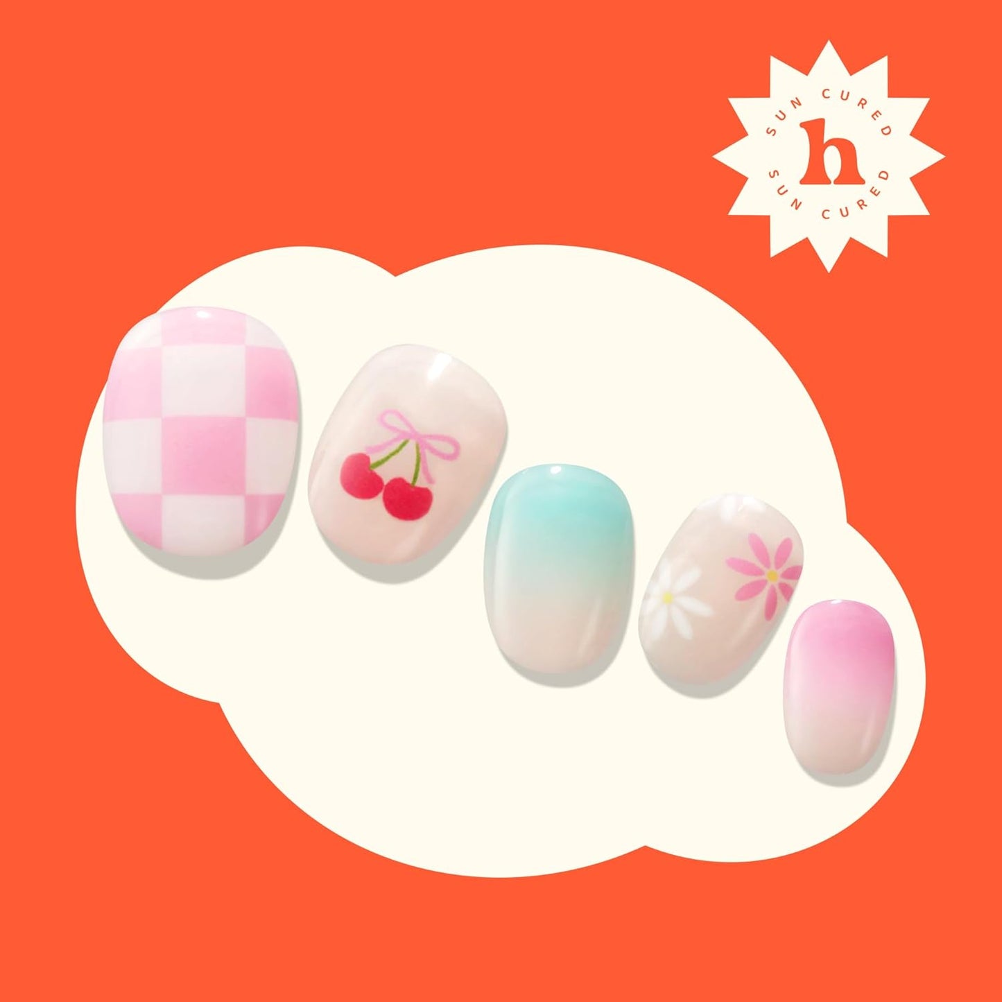 Semi Cured Gel Nail Strips | No LED Lamp Needed | Summer, Ombre, Cute | Easy Apply & Remove, Salon Quality | Includes 28 Strips, 1 Prep Pads, Nail File & Wooden Stick - Hey, Sweet Treat