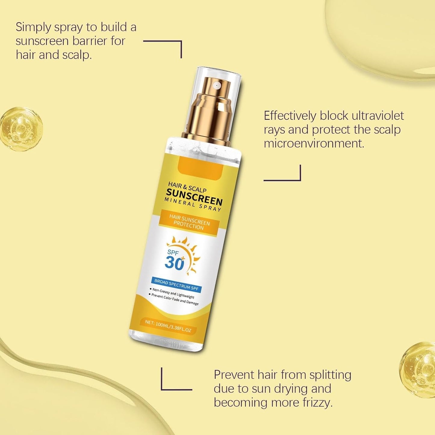 Hair and Scalp Sunscreen Spray SPF 30 - UV Protection for Scalp & Hair, Prevents Color Fade & Dryness, Non-Greasy & Lightweight Formula for Hiking/Beach/Outdoors (1)