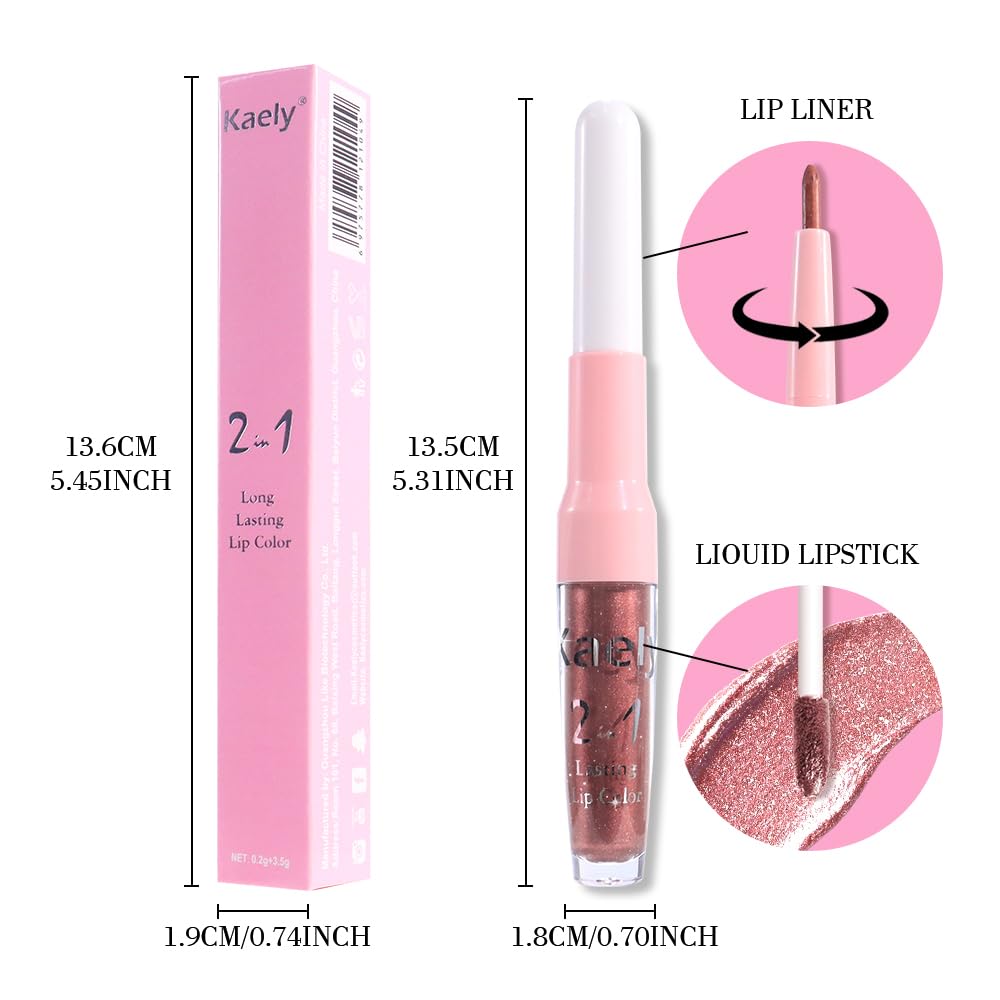 Kaely 2-in-1 Dark Bronze Metallic Lipstick and Lip Liner, Shimmer Liquid Metallic Lipsticks for Women, Glitter Lip Gloss Stain Long Lasting Waterproof Smudge Proof 24 Hour, Vegan Makeup, 06