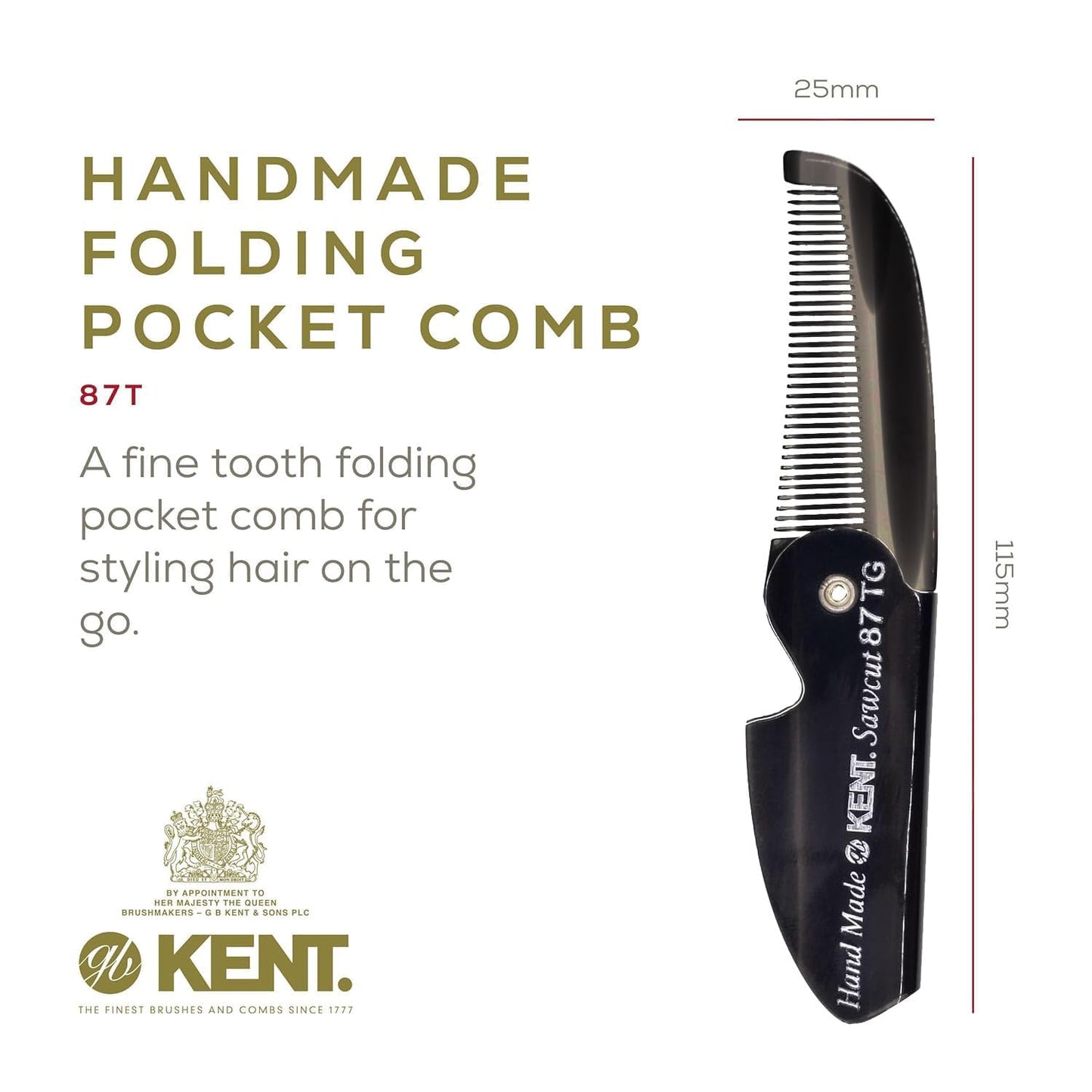Kent 87T Combo Handmade Folding Pocket Comb for Men, Fine Tooth Hair Comb Straightener for Everyday Grooming Styling Hair, Beard or Mustache, Use Wet or Dry, Saw Cut Hand Polished, Made in England