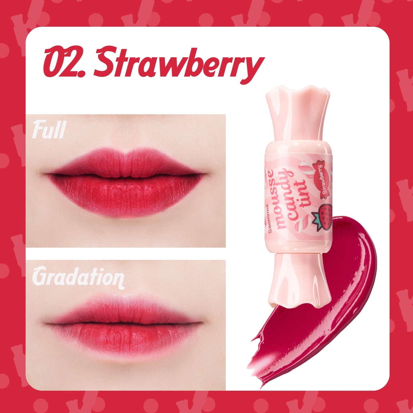 THESAEM Saemmul Mousse Candy Tint #2 Strawberry Mousse - High Pigment Matte Finish Long Lasting Lip Stain with Honey Extracts to Hydrate Lips - Weightless & Smudge-Proof, 0.3 fl.oz.