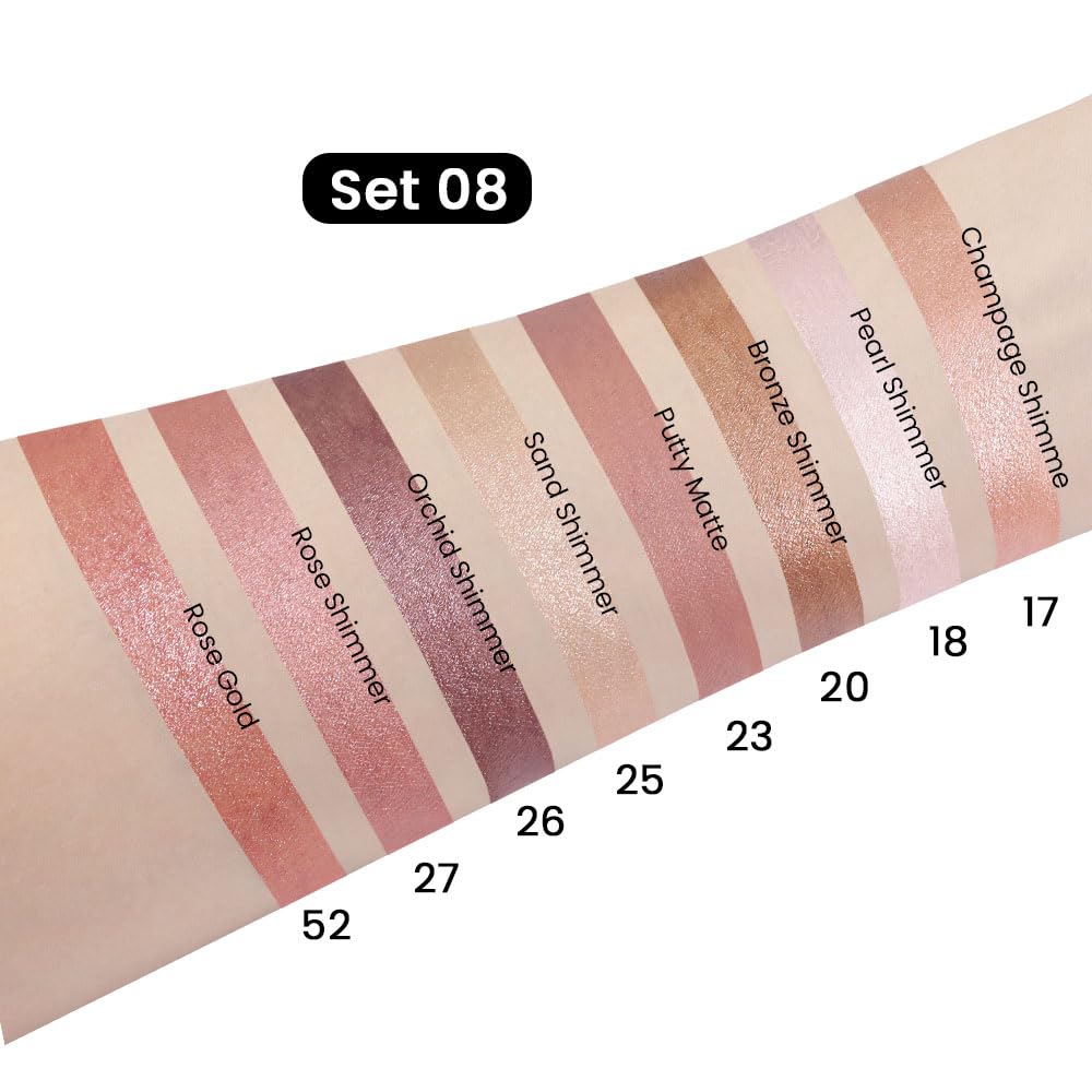 evpct 8Pcs Cream Eye Shadow Brightener Sticks Makeup Sets, Champagne Pearl Bronze Putty Sand Orchid Rose Gold Shimmer Matte Eyeshadow Eyeliner Pencil Applicator Stick Palette Makeup for Older Women 08