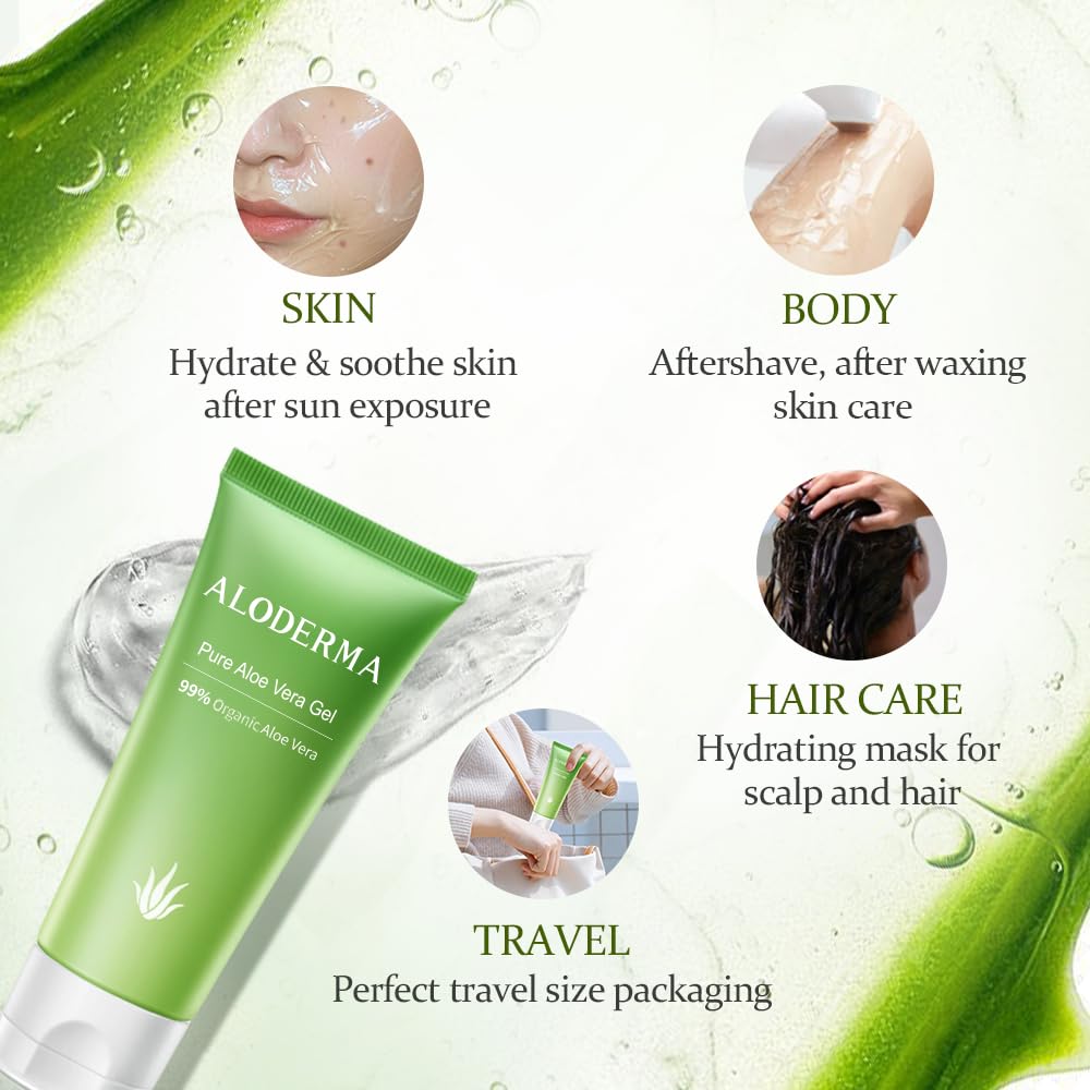 Aloderma Organic Aloe Vera Gel - 1.5oz, Unscented, Hydrating, Soothing, Cooling, Instant Relief for Skin & Sunburn, USDA Organic
