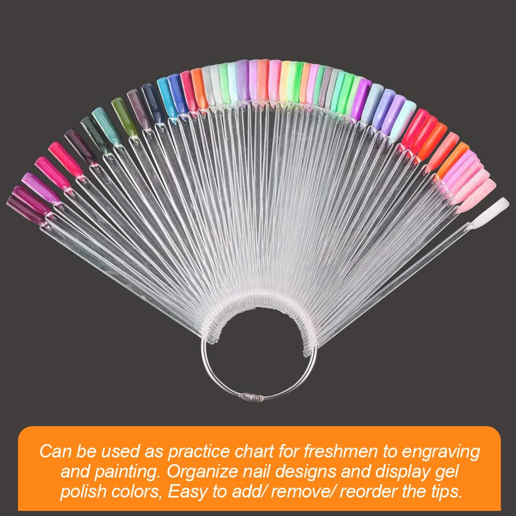 JASSINS 150 Pcs Nail Swatch Sticks with Ring and Number posted, Clear Fan-shaped Nail Art Polish Practice Display Tips Nail Sample Sticks, Nail Practice Color Display Polish Board
